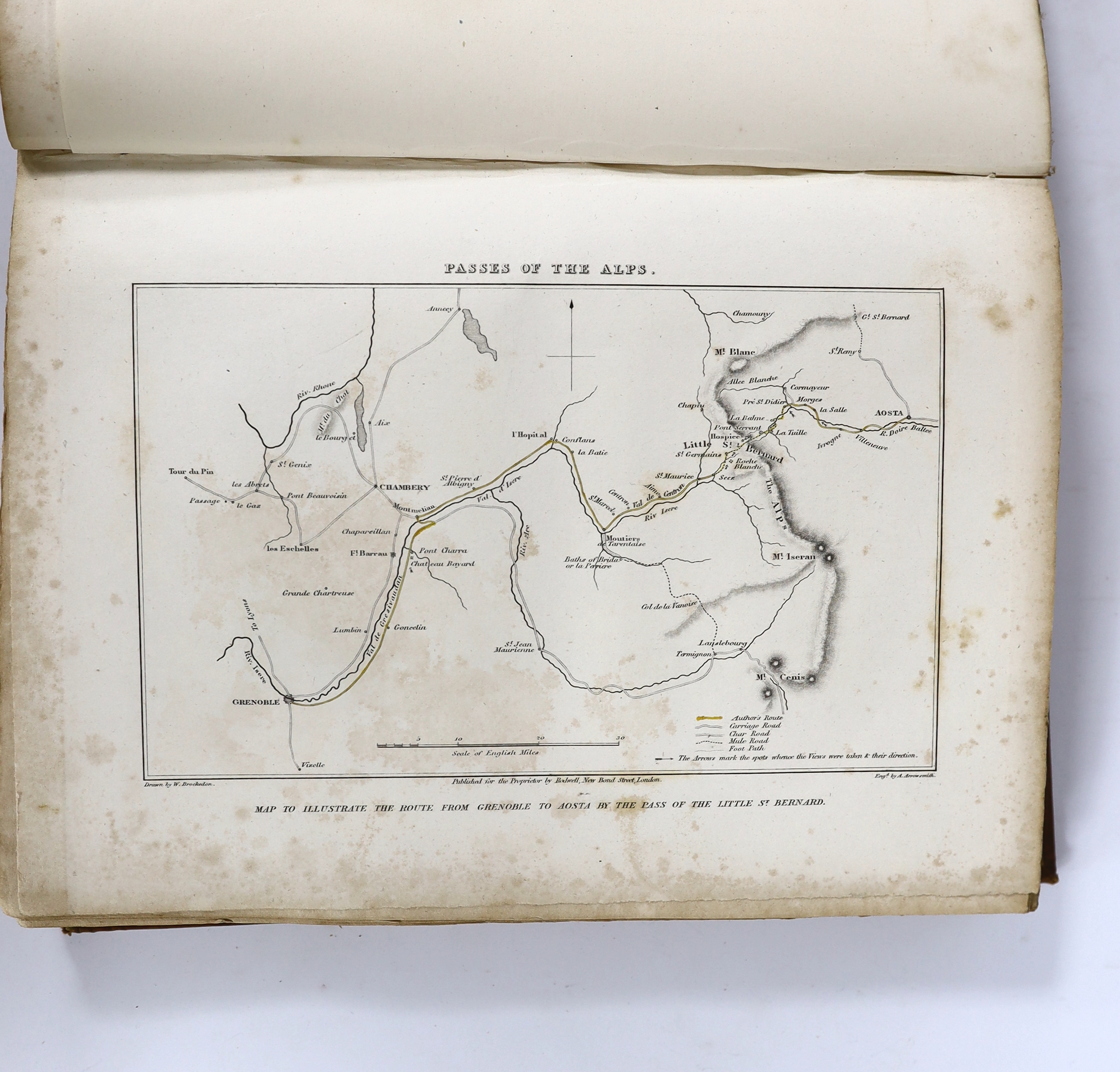 Brockedon, William - Illustration of the Passes of the Alps.....2 vols. 96 plates and 13 maps (I d-page); old cloth and leather spine labels, 4to. 1828-29